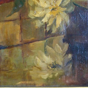May include: A close-up of a painting depicting a still life with white flowers and a wooden background. The flowers are painted in a loose, impressionistic style, with visible brushstrokes. The background is a warm, golden brown.