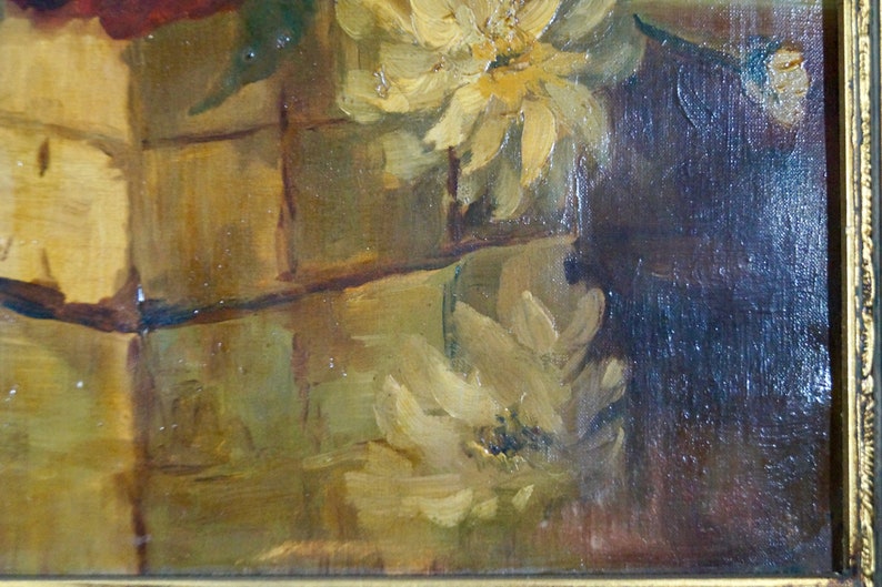 May include: A close-up of a painting depicting a still life with white flowers and a wooden background. The flowers are painted in a loose, impressionistic style, with visible brushstrokes. The background is a warm, golden brown.