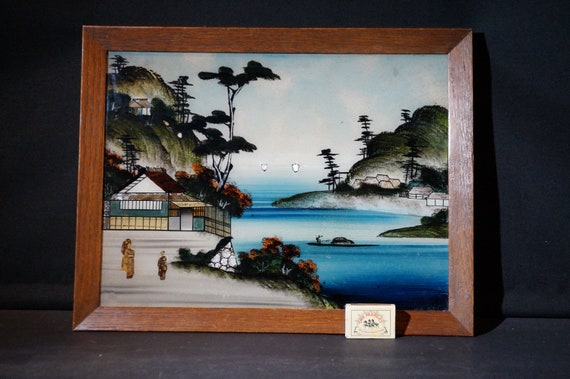Japanese landscape painted from behind the glass