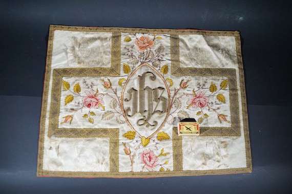 Antique hand embroidered silk Christian IHS piece.