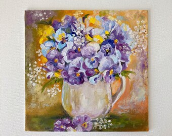 Violet Painting Spring Original Art Pansy Painting Flower Art Small Watercolor 7 by 5 Floral Wall Art by ElgrigoArtShop
