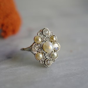 Gold ring with diamonds and pearls, engagement ring
