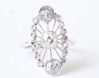 Antique art deco marquise platinum gold diamond ring, old oval ring, rose cut diamonds
