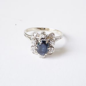 Gold sapphire diamond daisy ring, vintage engagement ring