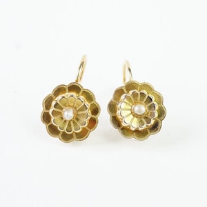 Gold flower sleepers with chiseled pearls - Victorian period pendant earrings