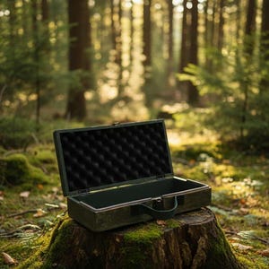 Pode incluir: Uma mala verde escura aberta, com interior de espuma preta, está sobre um tronco coberto de musgo numa floresta. A mala tem uma pega e uma forma retangular. O fundo mostra árvores altas e luz solar.