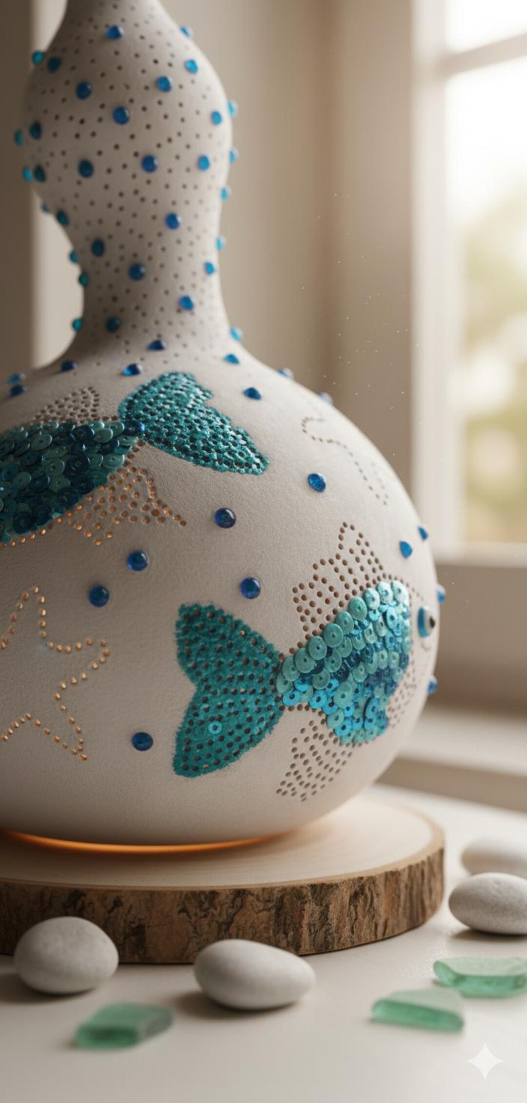 Handmade Beaded Gourd Lamp: Ocean Fish Decor, Beach House Night Light ...