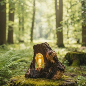 Puede incluir: Lámpara rústica de madera tallada en un tocón de árbol, con una bombilla cálida. La lámpara está sobre un tocón cubierto de musgo en un bosque, con un fondo borroso de árboles y follaje.