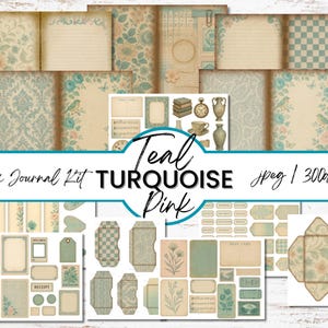 Teal, Turquoise & Blush Vintage Junk Journal Kit | 5 Double Pages + 7 Ephemera Sheets | 300DPI High-Resolution JPEGs | Printable | Digital