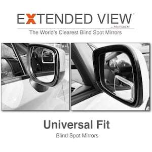 May include: Black and white image of car side mirrors with the text "EXTENDED VIEW" and "Universal Fit Blind Spot Mirrors". The mirrors are shown on a white car, with a secondary smaller mirror attached.
