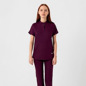 Plum Women's Scrub Set - Comfortable High-Collar Top and Bootcut Pants - Soft, Lightweight, and Breathable Medical Uniform - NEWLIN-0001-12