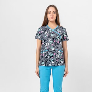 Heart Patterned Scrub Set, Dental Scrub, Nurse Scrub Set, Doctor Aesthetician Dentist Pharmacist Dietitian Therapist Uniform, BDT19008