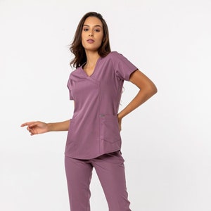 Comfortable Lavender Scrub Set, Nurse Uniform, Elasticated Doctor Dentist RN MSN DPT Scrub Set,Arnp Np Slim Medical Uniform, B10214VC