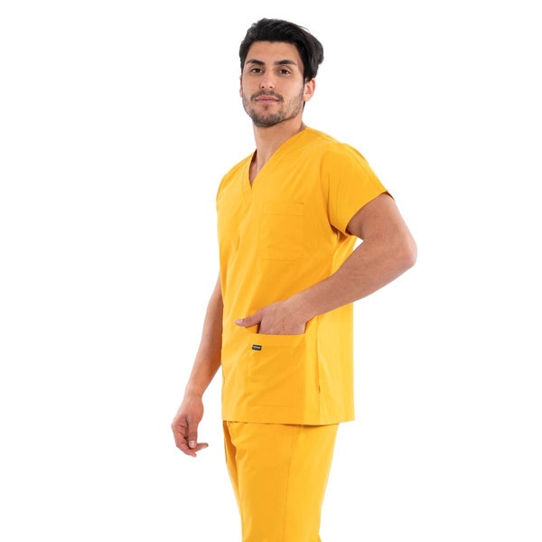 Men's Mustard Yellow Scrub Set, Easy Care Nurse Uniform, Custom Scrub,Terry Cotton Uniform, Medical Scrub,Odor Resistant Scrubs,E1203TC