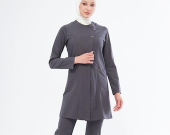 Uniforme médico modesto gris carbón - Uniforme médico de manga larga para mujeres profesionales - WHITAK-0001-14