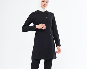 Uniforme médico negro modesto - Uniforme médico de manga larga para mujeres profesionales - WHITAK-0001-18