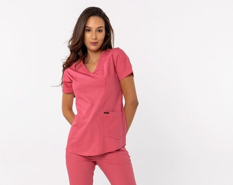 Comfortable Rose Color Scrub Set, Nurse Uniform, Elasticated Doctor Dentist RN MSN DPT Scrub Set,Arnp Np Slim Medical Uniform, B10212VC