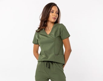 Comfortable Henna Green Scrub Set, Nurse Uniform, Elasticated Doctor Dentist RN MSN DPT Scrub Set, Arnp Np Slim Medical Uniform, B10201VC
