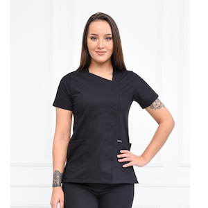 Nurse Black Scrubs Top Only, Personalized Customizable Embroidered Women&#39;s Medical Black Scrubs Top for Nurses, WHT1035-TOP
