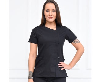Nurse Black Scrubs Top Only, Personalized Customizable Embroidered Women's Medical Black Scrubs Top for Nurses, WHT1035-TOP