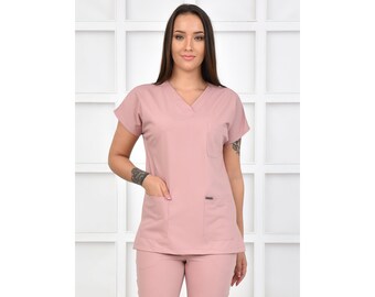 Nurse Scrubs Top Only, Personalized Customizable Embroidered Women's Medical Light Lylac Scrubs Top for Nurses, GRY1032-TOP