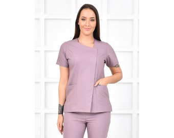 Nurse Scrubs Top Only, Personalized Customizable Embroidered Women's Medical Lylac Scrubs Top for Nurses, WHT1046-TOP