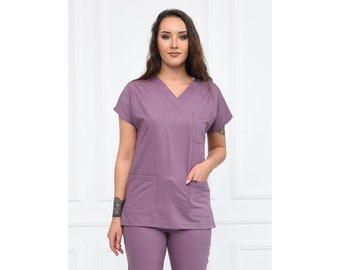 Nurse Scrubs Top Only, Personalized Customizable Embroidered Women's Medical Dark Lylac Scrubs Top for Nurses, GRY1025-TOP