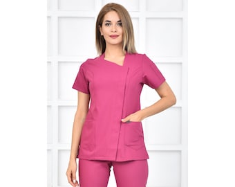 Nurse Scrubs Top Only, Personalized Customizable Embroidered Women&#39;s Medical Light Fuchsia Scrubs Top for Nurses, WHT1020-TOP