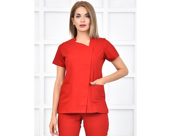 Nurse Scrubs Top Only, Personalized Customizable Embroidered Women&#39;s Medical Red Scrubs Top for Nurses, WHT1038-TOP