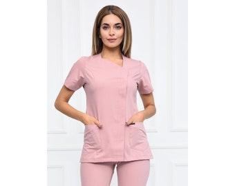 Nurse Scrubs Top Only, Personalized Customizable Embroidered Women&#39;s Medical Light Lylac Scrubs Top for Nurses, WHT1032-TOP
