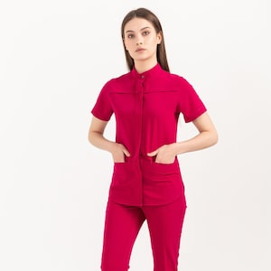 Dark Fuchsia Color Scrub Set, Nurse Uniform, Elasticated Doctor Dentist RN MSN dpt Scrub Set,Arnp Np Slim Medical Uniform, COLLARCOMFORT