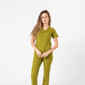 Olive Green Scrub Set, Chic & Functional Designer Scrub Sets for Medical Professionals, BTFCOL-0001-15