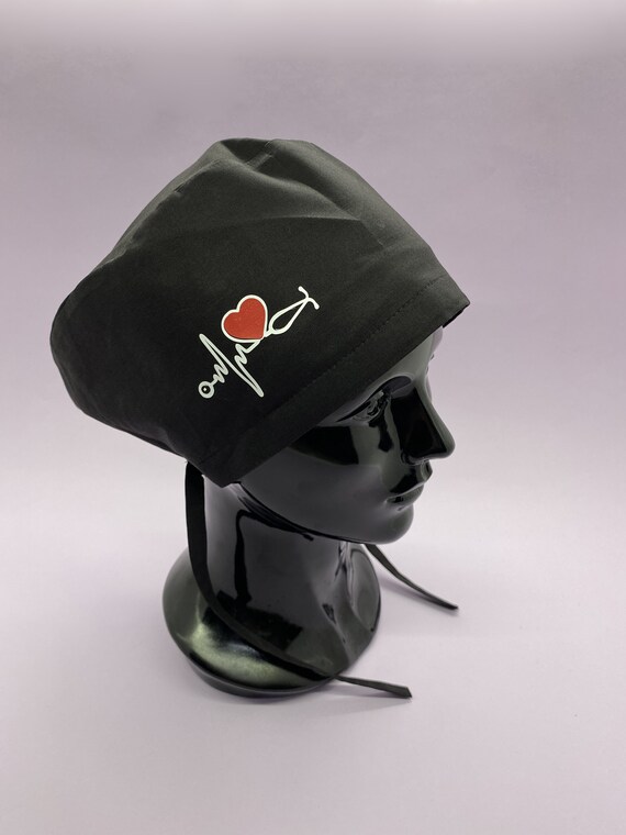 Unisex Black Scrub Hat Electrocardiogram Print Scrub Cap  display picture 1