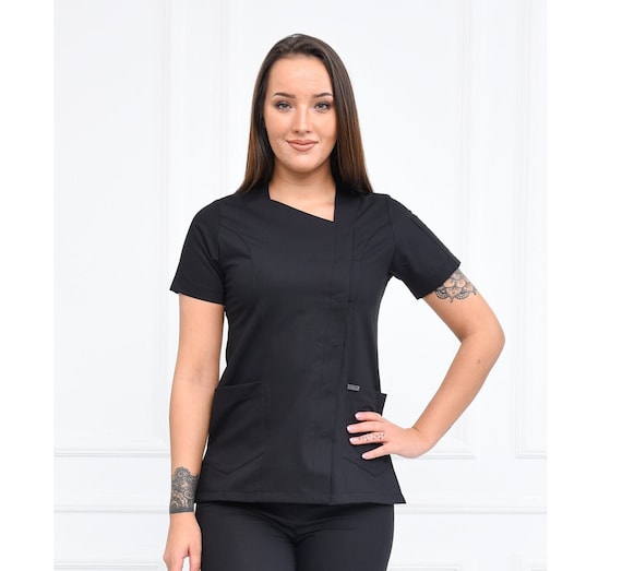 Nurse Black Scrubs Top Only, Personalized Customizable Embroidered