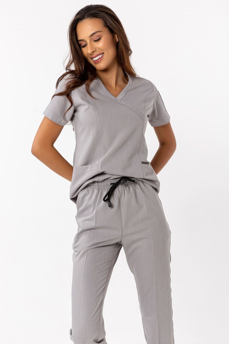 Comfortable Light Grey Scrub Set Nurse Uniformelasticated Etsy