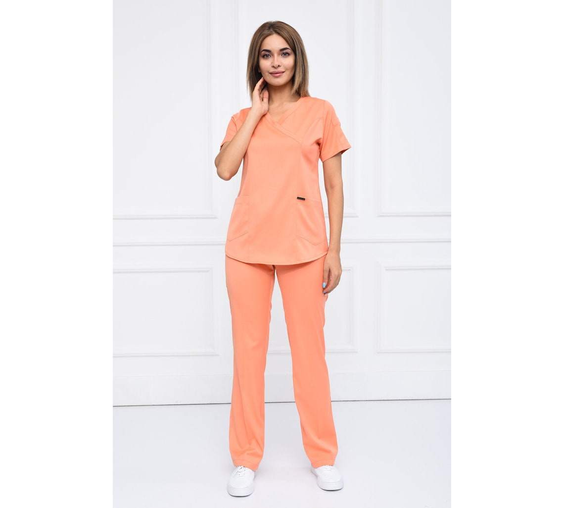Embroidered Women's Salmon Color Medical Scrub Set with Etsy