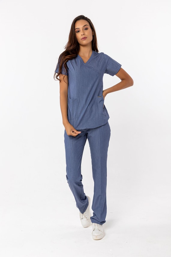 Comfortable Denim Color Scrub Set, Nurse Uniform,elasticated Doctor Dentist  RN MSN DPT Scrub Set,arnp Np Slim Medical Uniform, B10215VC -  Canada