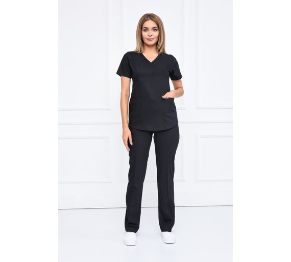 Embroidered Women's Black Medical Scrub Set With Personalization
