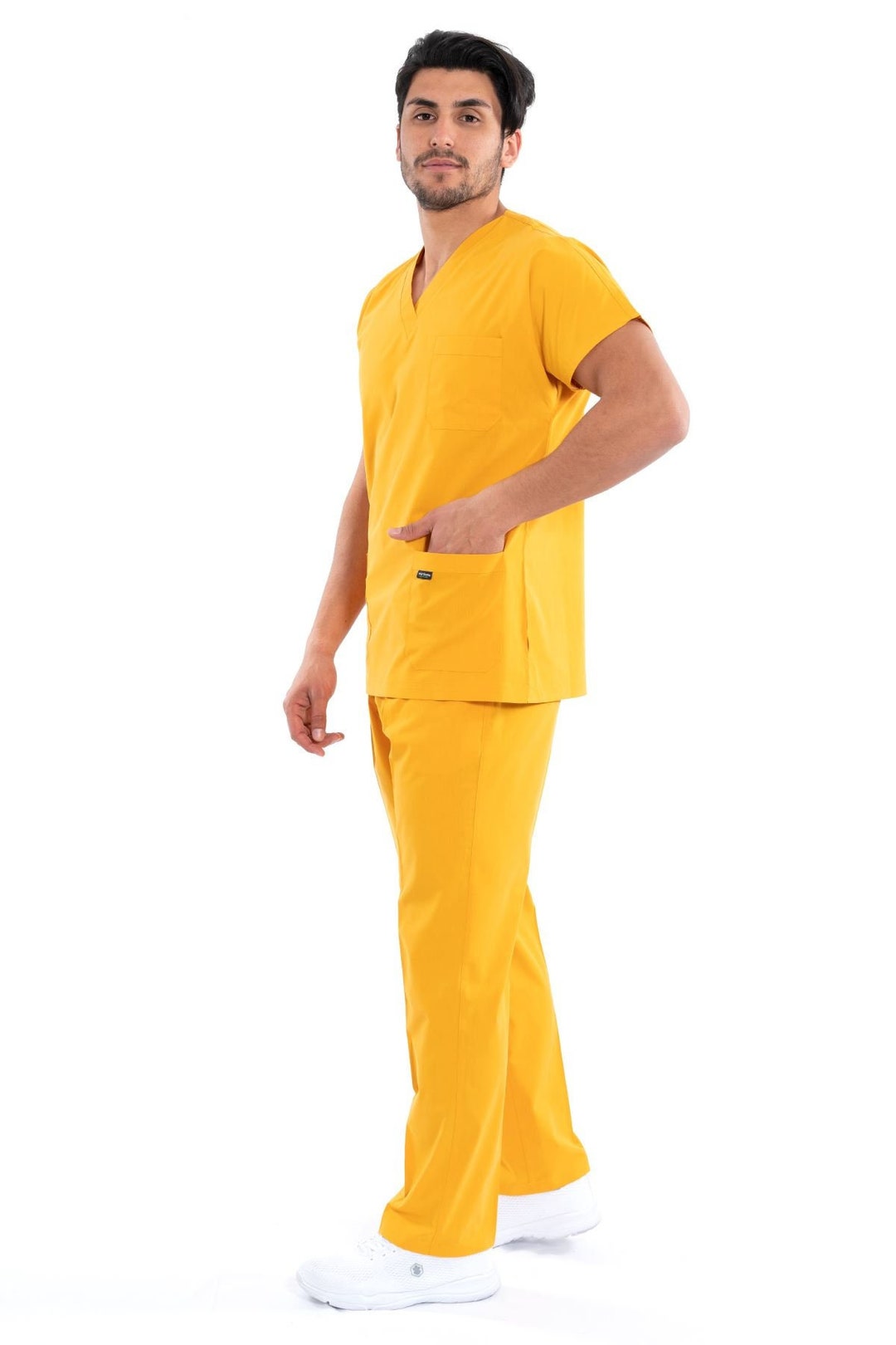 Men's Mustard Yellow Scrub Set, Easy Care Nurse Uniform, Custom Scrub