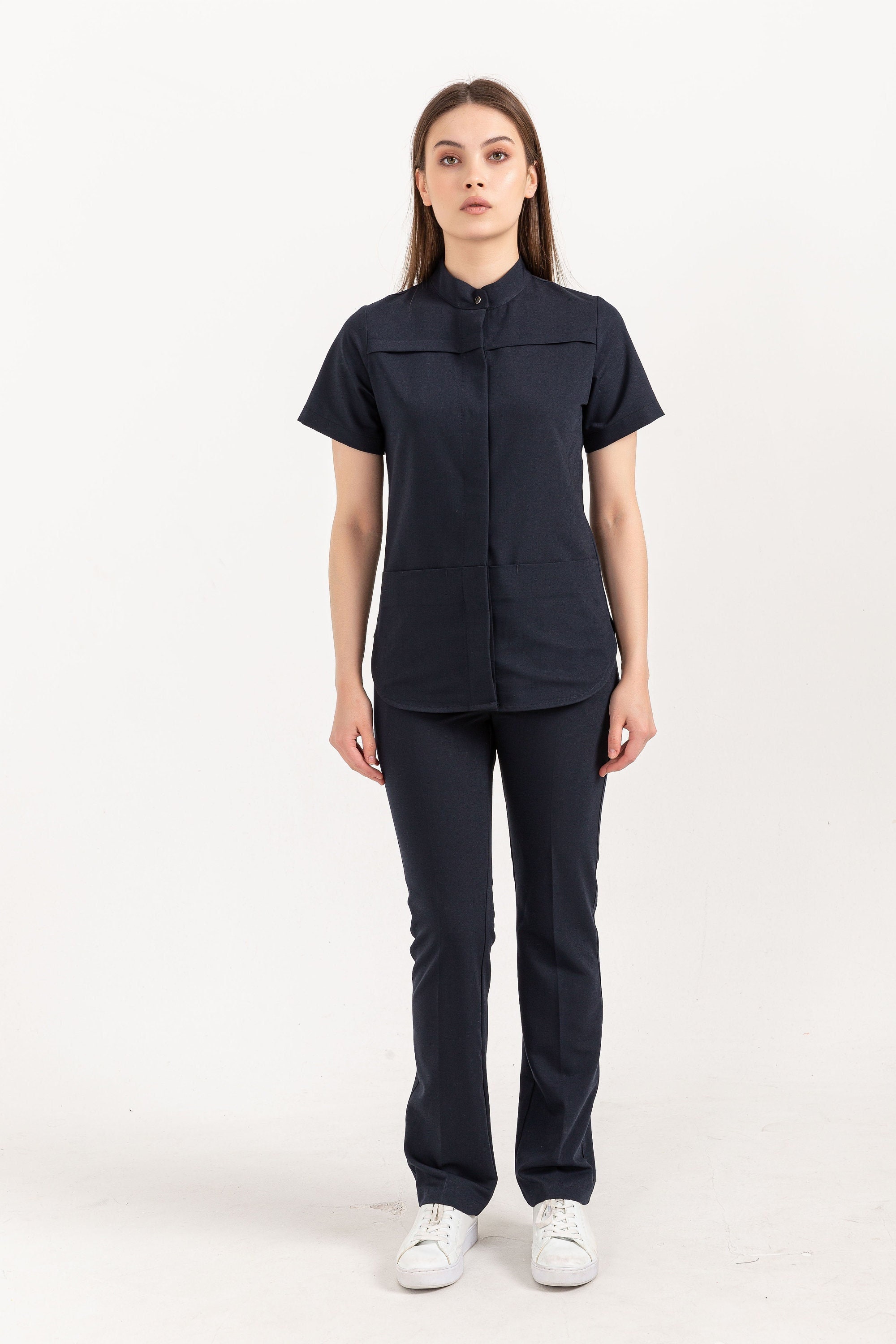 Navy Blue Jumpsuit Scrub Soft Stretch Fabric. Has Zipper at the