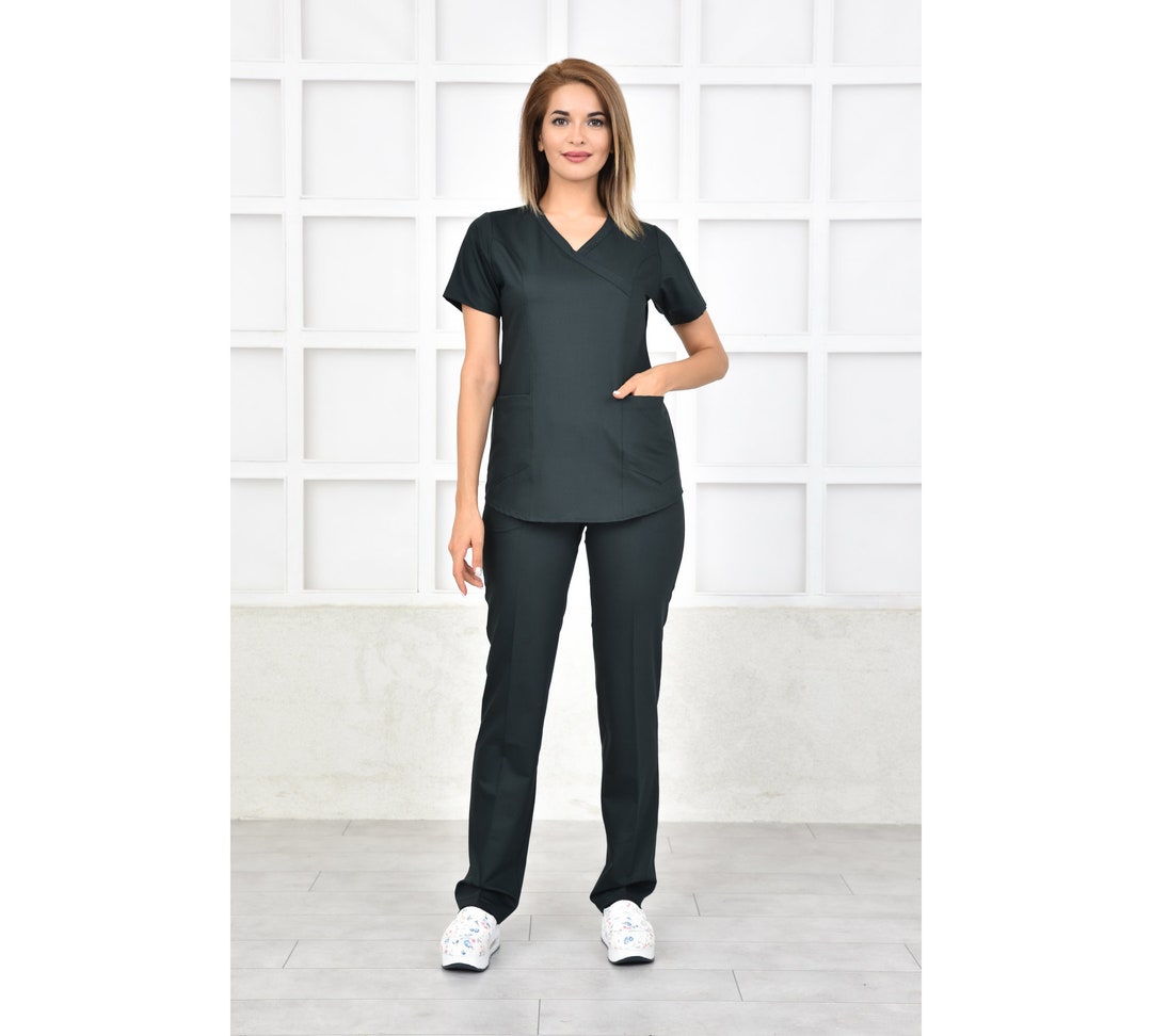 Embroidered Women's Hunter Green Medical Scrub Set With Personalization
