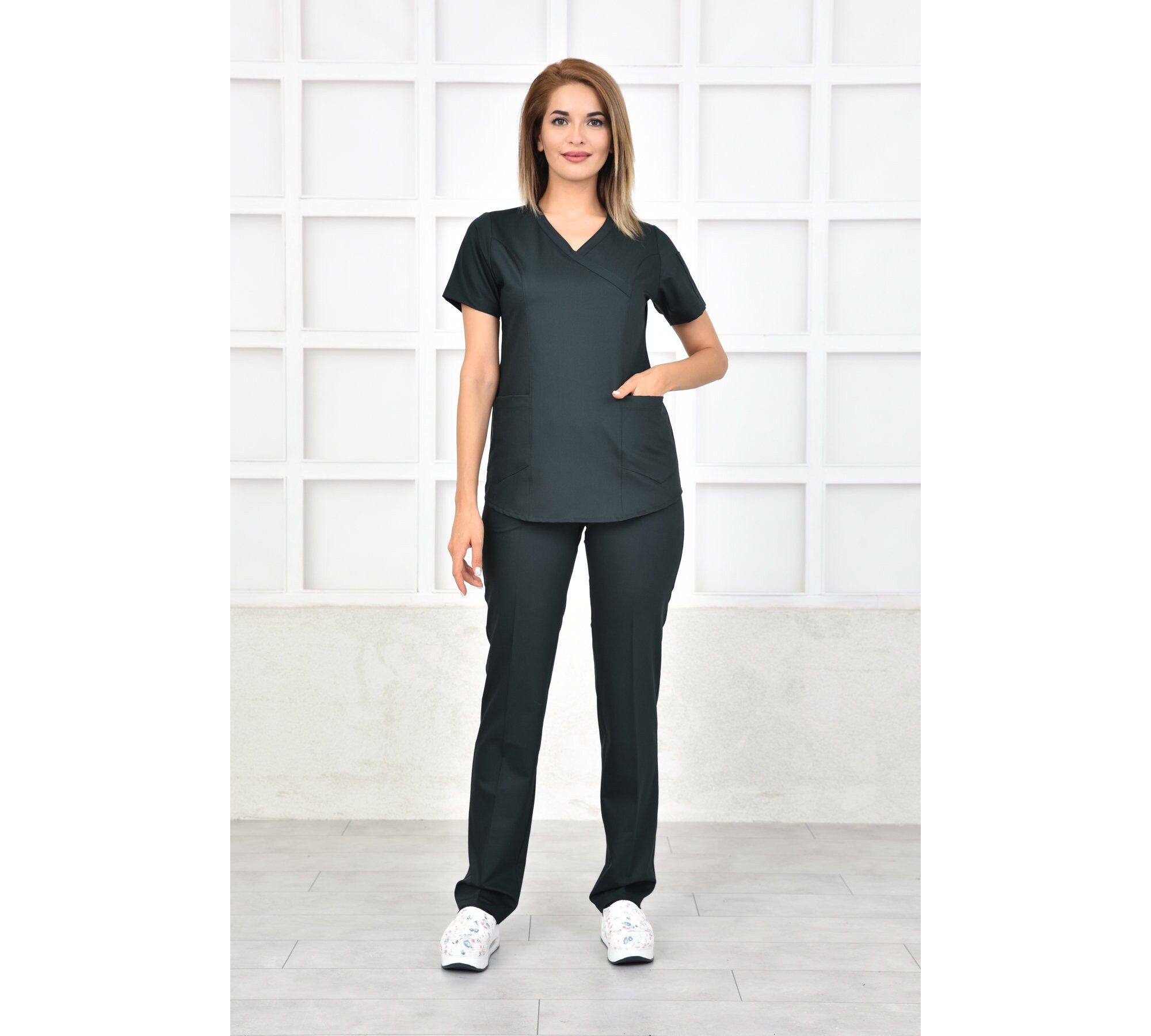 Embroidered Women's Hunter Green Medical Scrub Set With Etsy