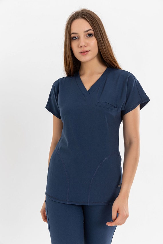 Comfortable Indigo Blue Scrub Set Nurse Uniform Elasticated | Etsy