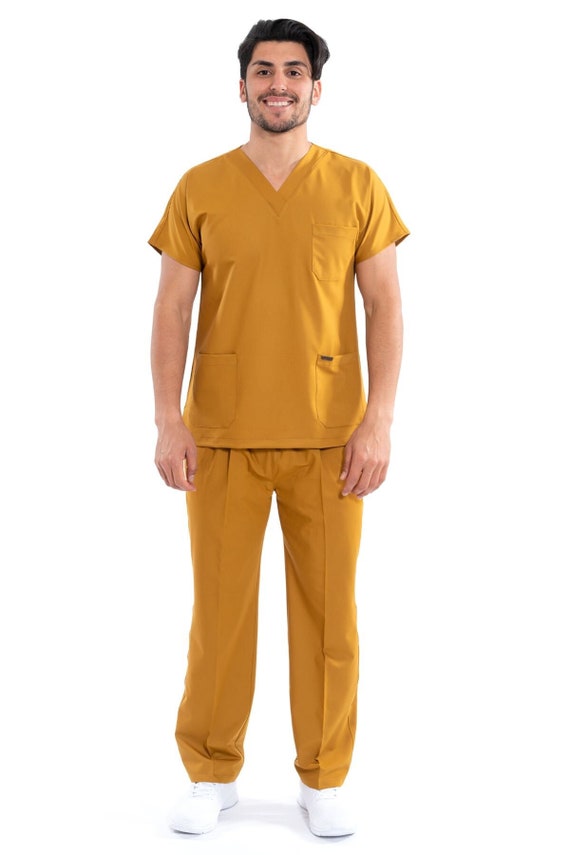 Men's Mustard Yellow Scrub Set, Easy Care Nurse Uniform, Custom