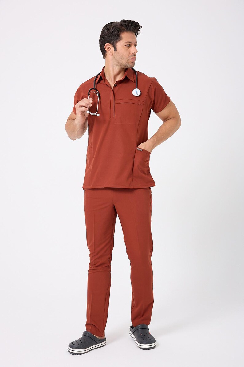 Brick Red Polo Scrub Set for Men – Stylish and Functional Medical ...