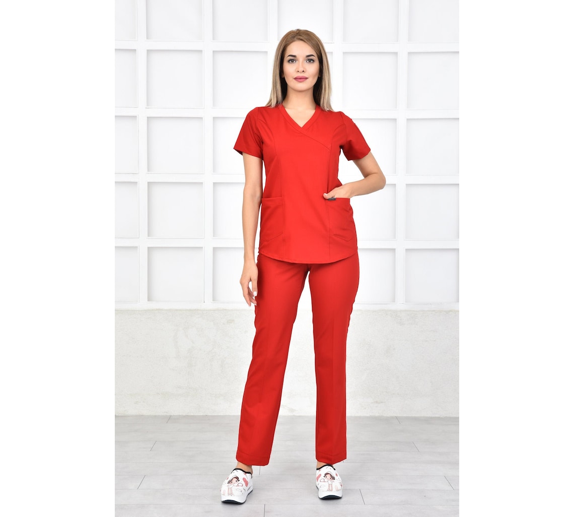 Embroidered Women's Red Medical Scrub Set With Etsy UK