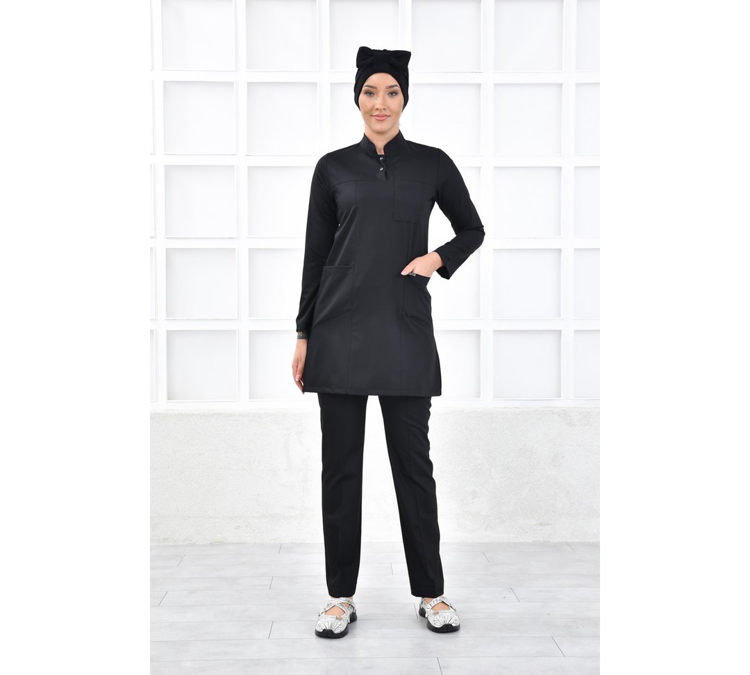 Muslim Scrubs Uniform, Black Nurse Uniform, Dentist Doctor Medical Healtcare Uniform, 4 Way
