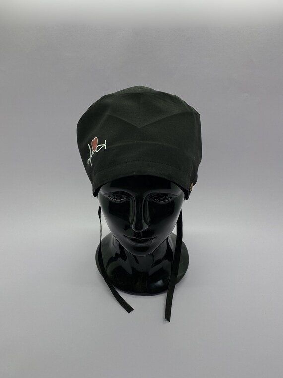 Unisex Black Scrub Hat Electrocardiogram Print Scrub Cap  display picture 1