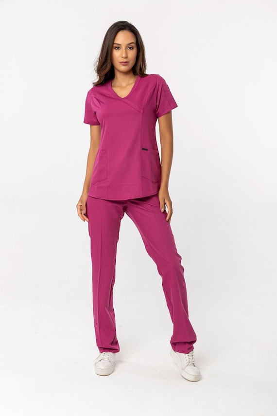 Stretch Scrub Women Lady Short Sleeve Straight Pants Medical Nurse Spa  Uniform