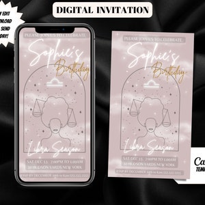 invitación de cumpleaños de libra- temporada de libra- Invitación digital- descarga instantánea- invitación de cumpleaños electrónica- imprimible- plantilla de autoedición